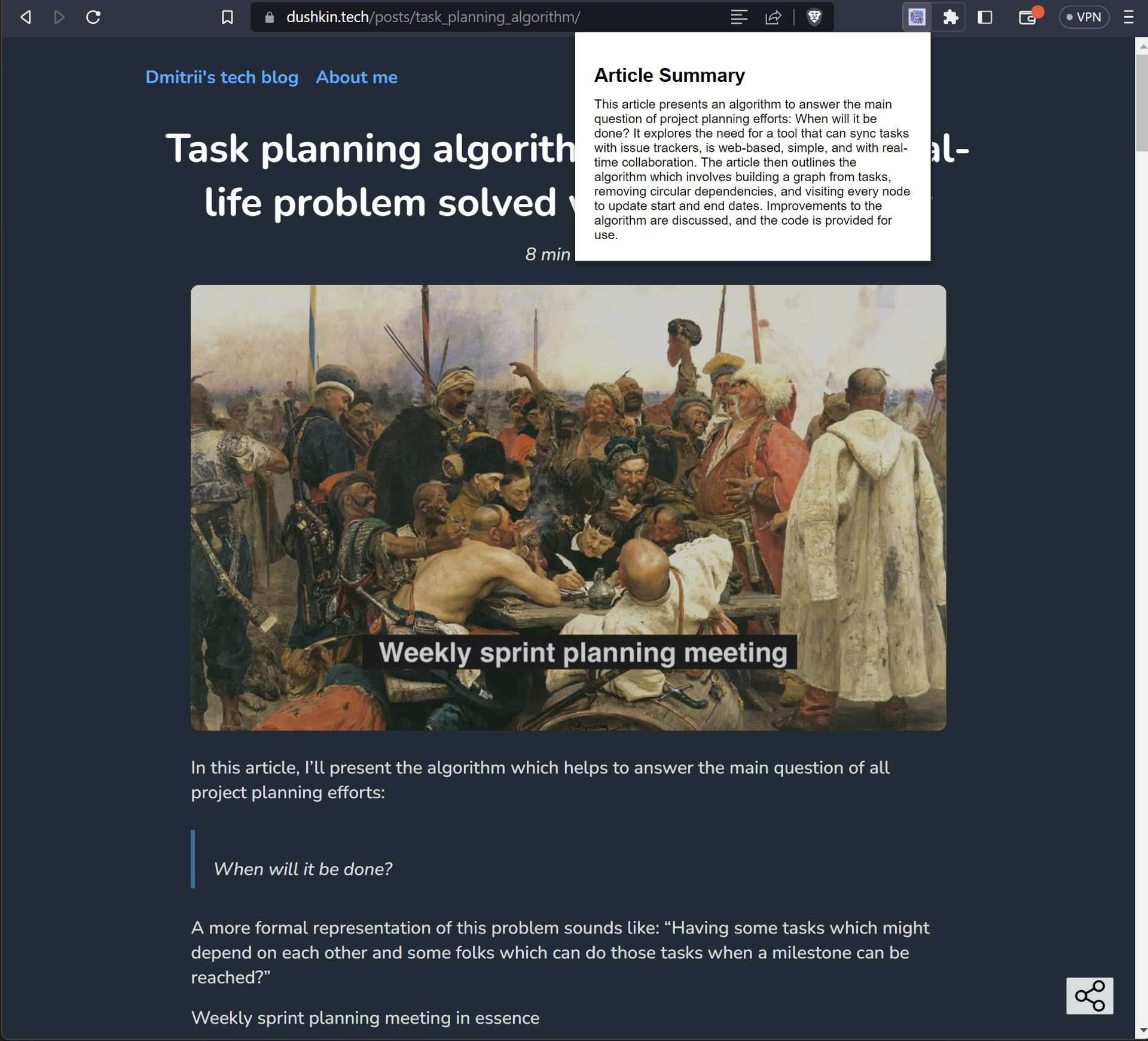 Screenshot of working browser extension summarising article